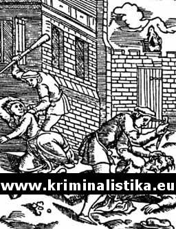 Vražda manželského páru před domem - 
rytina XVI. století